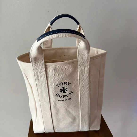 Tory Burch Cream & Navy Sturdy Canvas Tote w/ Navy Leather Handles - Picture 2 of 14